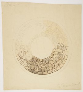 Tapa de olla de Belice (anteriormente Honduras Británica) Diseño circular, parte del cual falta, muestra un diseño que incluye figuras de hombres, glifos, etc. de Adela Breton