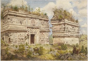 Ruinas en Chichen Itzá, Yucatán, México, fachada este del Edificio A y la Iglesia