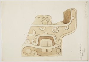Ruinas/relieves de piedra en el Templo de Uxmal, México Representando parte de la talla en piedra (acuarela) de Adela Breton