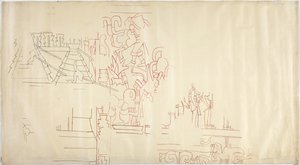 Calco de una pintura mural de la Casa de las Monjas, Chichen Itzá, México, trazado y entintado en tinta negra y roja de Adela Breton