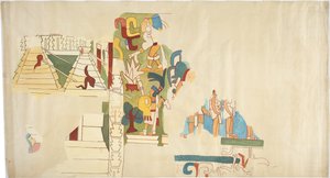 Trazado de una pintura mural de la Casa de Monjas, Chichen Itza, México. Representa la bóveda en una gran cámara. Contorno a escala completa de la mitad norte del mural