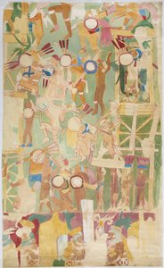 Calco de una pintura mural de la pared sur, cámara interior, Templo Superior de los Jaguares, Gran Juego de Pelota en Chichen Itzá, México de Adela Breton