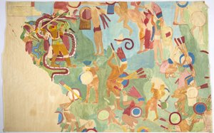 Calco de una pintura mural de la cámara interior, Templo Superior de los Jaguares, pared sur, Gran Juego de Pelota, Chichen Itzá, México de Adela Breton