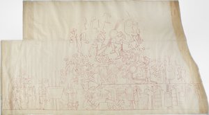 Calco de una pintura mural del techo de la bóveda sur, Templo Superior de los Jaguares, Chichen Itza, México