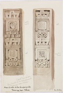 Dos columnas con relieves de piedra, Cerritos de los Campamentos, Tenango, cerca de Toluca, México