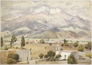 Pueblo en primer plano y montañas detrás de Adela Breton