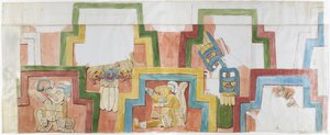 Copia en acuarela de la fachada de estuco del templo en la pirámide de Acanceh. Dos filas de figuras dentro de un marco escalonado. Figuras 1-5 de Adela Breton