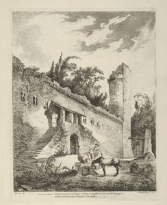 Vista de un antiguo castillo situado en el camino de Roma a Nápoles de Differentes vue..., siglo XVIII