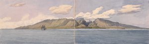 Tahití [Islas de la Sociedad]. El barranco de Fautaua - Montaña de la Corona o Diadema en el centro de la isla, y la ciudad de Papeiti, 24 de agosto de 1849".