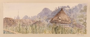 Aldea y casa principal de la tribu Segu o En el río Manuk o Segur de las Indias Occidentales, América del Norte y Borneo scrapbook de Admiral Sir Edward Gennys Fanshawe