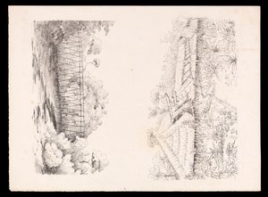 Aldea de la tribu Stang, Sarawak, Borneo; y un puente de palos sobre un río de West Indies, North American and Borneo scrapbook, c.1845 (litografía) de Admiral Sir Edward Gennys Fanshawe