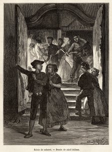 Escena de cabaret, una pareja se va mientras un hombre los amenaza con un cuchillo, sostenido por dos mujeres; otra pareja los enfrenta al entrar al cabaret, grabado después del dibujo de Adolf Dillens, ilustrando un viaje a Zelanda (Neerlande) de Adolf Alexander Dillens