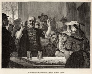 Un retractador, en una posada en Kruiningen, hace su número frente a espectadores atentos, grabado después del dibujo de Adolf Dillens, ilustrando un viaje a Zelanda (Neerlande), en 1873, por Charles de Coster, publicado en “Le tour du monde” 1874