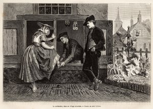 Un zapatero en un pueblo de Zelanda, hace probar un zapato a una joven acompañada de un joven, grabado según el dibujo de Adolf Dillens, ilustrando un viaje a Zelanda (Países Bajos), en 1873, por Charles de Coster, publicado en 