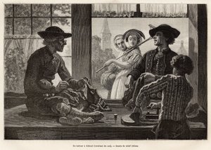 Un sastre y su aprendiz, trabajando al borde de la ventana para disfrutar de la luz y el espectáculo de los transeúntes de la calle, en Rilland (South Beveland), grabado después del dibujo de Adolf Dillens, ilustrando un viaje a Zelanda (Países Bajos)