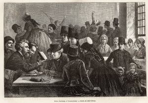 Escena de posada, en Vrouwe-Polder (Vrouwe Polder), grabado según el dibujo de Adolf Dillens, ilustrando un viaje a Zelanda (Países Bajos), en 1873, por Charles de Coster, publicado en "Le tour du monde" 1874, editado por Edouard Charton, edición Hache