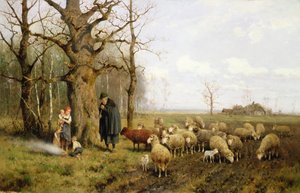 Niños con pastor y ovejas en un paisaje (óleo sobre lienzo) de Adolf Ernst Meissner