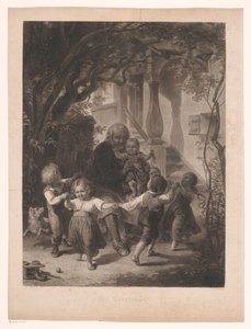 Los niños bailan en círculo alrededor de un anciano. En el abuelo (título sobre el objeto)