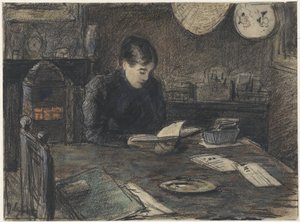 Mujer leyendo en una mesa de Adolf le Comte