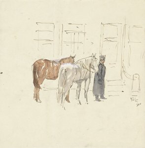 Hombre con dos caballos delante de un edificio de Adolf le Comte