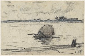 Barcaza con heno en un río