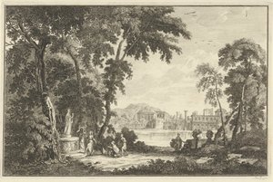Paisaje del río Arcadian con figuras adorando una estatua Paisajes italianos y alemanes (título de la serie) de Adolf van der Laan