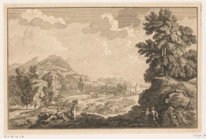 Paisaje fluvial de Arcadia con pastores y una mujer con un cesto de ropa sucia Paisajes italianos y alemanes (título de la serie) de Adolf van der Laan