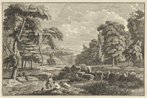 Paisaje fluvial arcádico con cinco mujeres bañándose y un ciervo de Adolf van der Laan