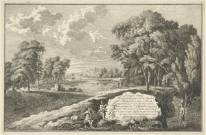 Paisaje del río Arcadian con mujer y niño. Impresión de título para: Treinta piezas de paisajes del zoológico en Italia como Duytslandt Paisajes italianos y alemanes (título de la serie)
