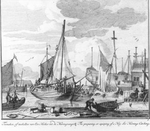 "Preparación o aparejo de un hoeker para la pesca del arenque." (n.º 5 de la serie Pesca del arenque) de Adolf van der Laan