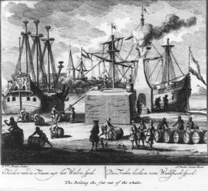 «La extracción por cocción del aceite de grasa de tocino de ballena.» (n.º 16 de la serie sobre la caza de ballenas) de Adolf van der Laan