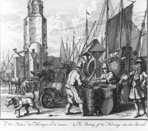 «El envasado de los arenques en barriles» (n.º 12 de la serie sobre la pesca del arenque) de Adolf van der Laan