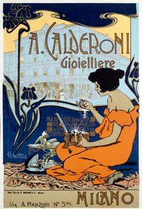 Cartel publicitario para el joyero Calderoni en Milán, c.1920 de Adolfo Hohenstein