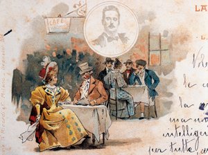 Tarjeta postal de Adolfo Hohenstein (1854-1928) creada con motivo del estreno de la ópera La Boheme, de Giacomo Puccini (1858-1924), que representa una escena del segundo acto de Adolfo Hohenstein