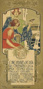 Póster publicitario de la exposición de productos eléctricos en honor al 100 aniversario del nacimiento de Alessandro Volta