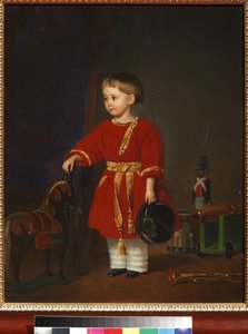""Retrato de un niño con un vestido rojo con juguetes militares"" (Retrato de un niño con un vestido rojo con juguetes militares) Pintura de Adolf Jebens (1819-1888) 1849 Museo de arte y juguetes pedagógicos, Sergiyev Posad de Adolph Gebens
