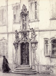 Un hombre descendiendo la escalera de un edificio decorado con un portal barroco, 1884 de Adolph Menzel