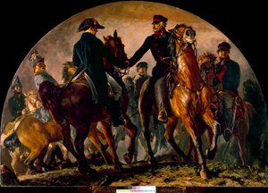Encuentro de Gebhard Leberecht von Blucher (1742-1819) y Arthur Wellesley Wellington (1769-1852), en la Batalla de La Belle Alliance (1815). Pintura de Adolf Menzel (1815-1905) de Adolph Menzel