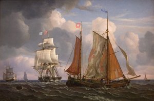 Barcos navegando y luchando contra el viento en el estrecho de Adolph Friedrich Vollmer