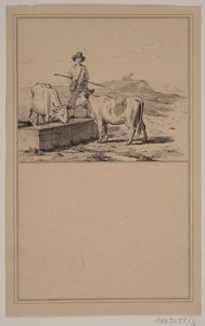 La vaca en el riego. No. 15 en Chr. Winther y M. Rørbye, "25 imágenes para niños pequeños" de Johan Adolph Kittendorff