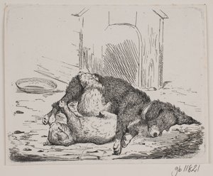 Perro encadenado con cachorro de Johan Adolph Kittendorff