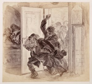 Adam, tras recibir una paliza de Ruprecht, sale corriendo de la sala del tribunal; Eve y los demás observan la escena desde un segundo plano, según la obra de Heinrich von Kleist «La jarra rota».
