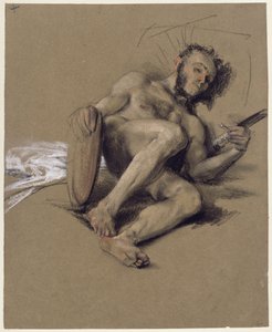 Estudio de desnudo: hombre barbudo recostado en el suelo, a la izquierda, con espada y escudo en las manos; estudio para el discurso con motivo de la mayoría de edad del príncipe heredero en 1850 de Adolph Menzel