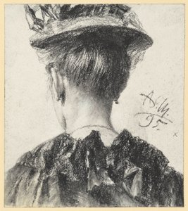 Busto de una mujer con sombrero, visto de espaldas de Adolph Menzel