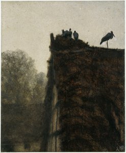 El nido de cigüeñas en el tejado de paja. Del «Álbum infantil» de Adolph Menzel