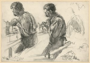 Tornero en el banco de trabajo, dos bocetos y detalles de Adolph Menzel