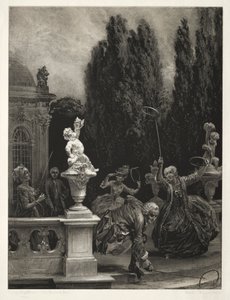 Ensayo sobre piedra con pincel y raspador: Jugando a los aros en la terraza del castillo, 1851 de Adolph Menzel