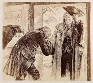 El juez Walter entra por la puerta desde la derecha, levantándose amablemente el sombrero; Adam y Licht le dan la bienvenida con sumisión, en la obra de Heinrich von Kleist «La jarra rota». de Adolph Menzel