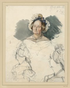 La condesa Alvensleben, de soltera von der Osten-Sacken. Entre ellas, dos retratos de busto. Estudio para el cuadro «La coronación de Guillermo I en Königsberg». de Adolph Menzel