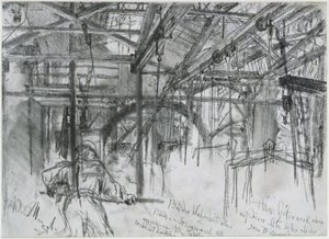 Nave de la planta de laminación de Königshütte. Estudio sobre «La planta de laminación de hierro. Ciclopes modernos» de Adolph Menzel